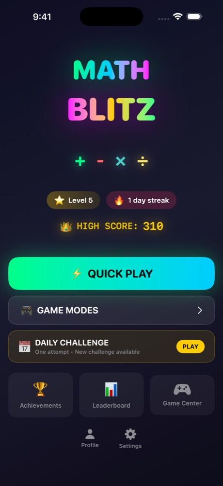 Math Blitz home screen